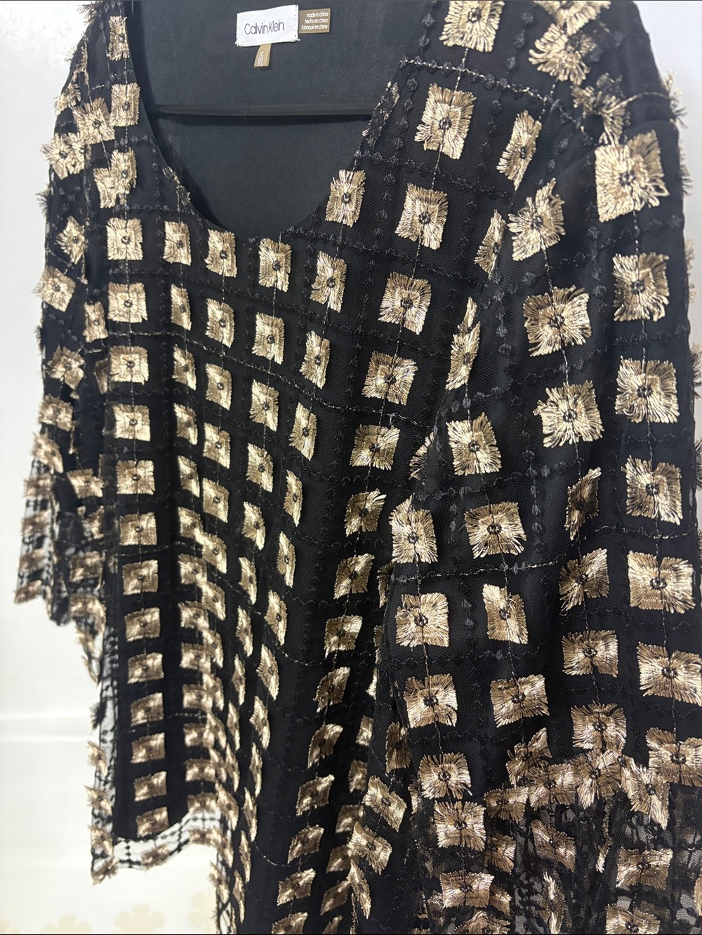 Calvin Klein Black Top with Gold Embroidered Square Motif